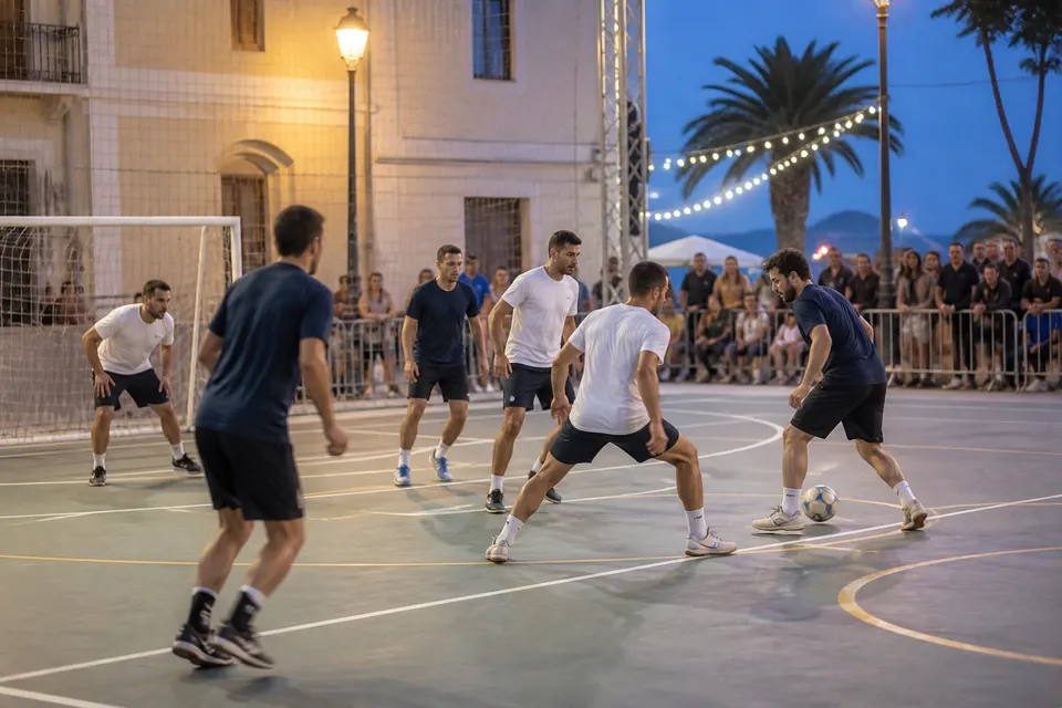Recreación generada con IA de un partido amateur de fútbol sala 4x4 en una pista festiva