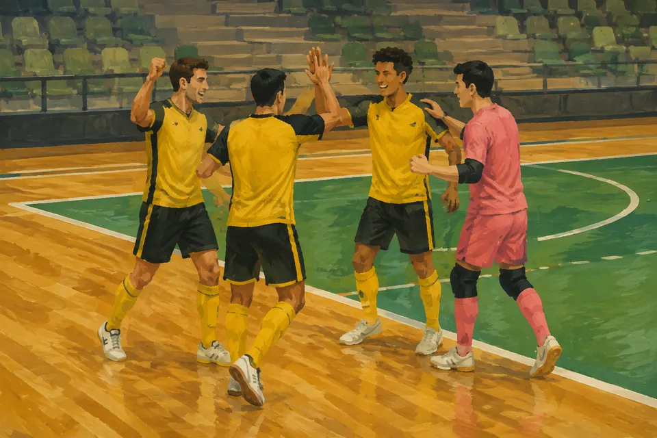 Ilustración generada con IA de jugadores anónimos de fútbol sala con equipación amarilla en un pabellón imaginado