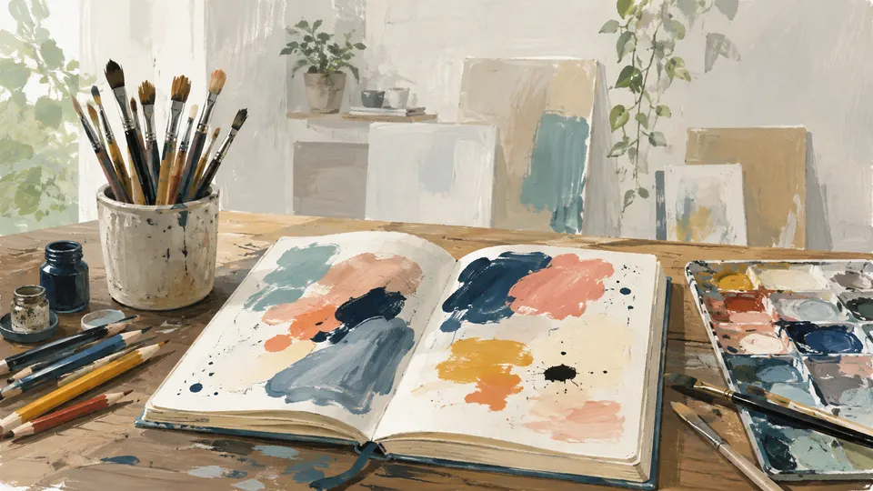 Ilustración generada con IA de pinceles, lápices y un cuaderno en una mesa de trabajo artística imaginada