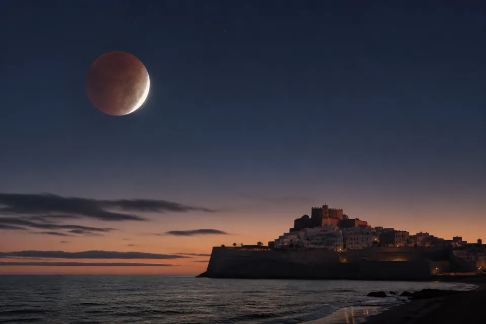 Recreación generada con IA de un eclipse lunar rojizo sobre la silueta costera de Peñíscola antes del amanecer