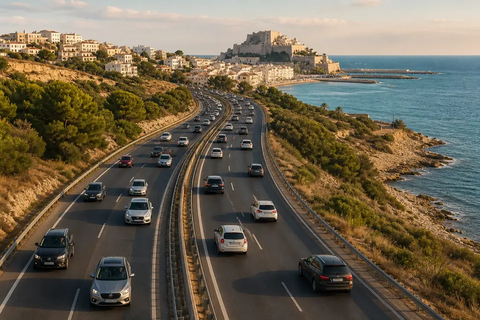 Recreación generada con IA de tráfico de retorno en una carretera mediterránea junto a una localidad costera
