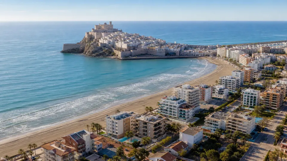 Recreación aérea generada con IA del litoral urbano de Peñíscola, sus apartamentos, la playa y el casco antiguo