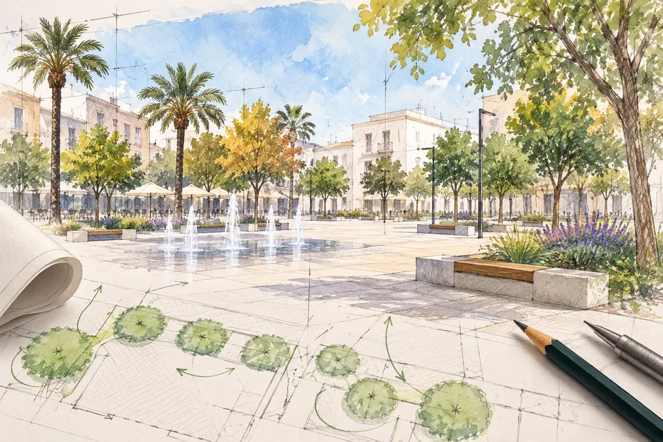 Ilustración generada con IA de un posible espacio público mediterráneo sobre un plano conceptual, sin representar la plaza real