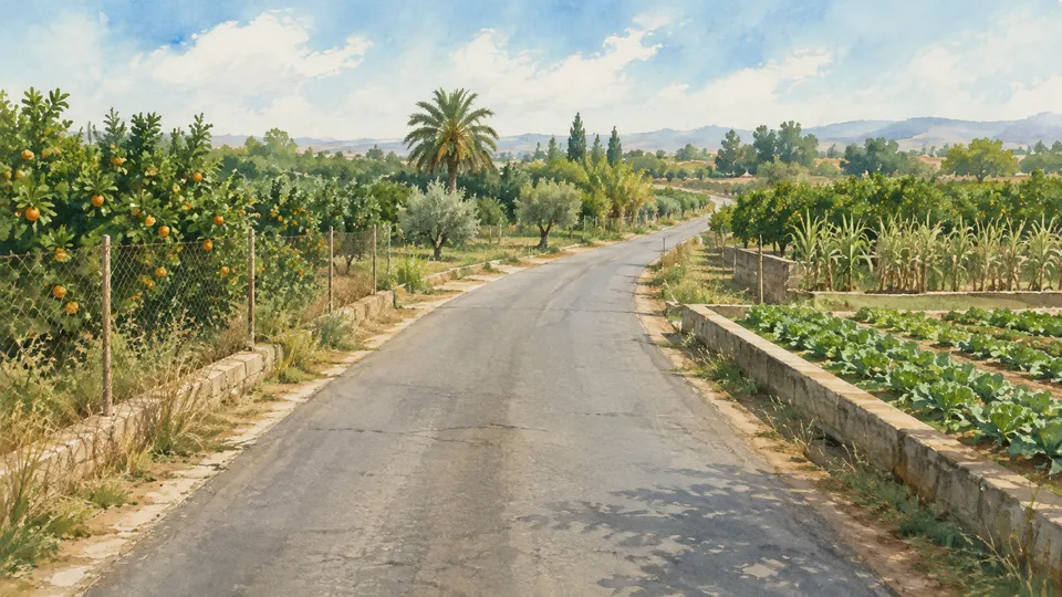 Ilustración generada con IA de un camino rural asfaltado entre huertos y cítricos en un paisaje mediterráneo imaginado