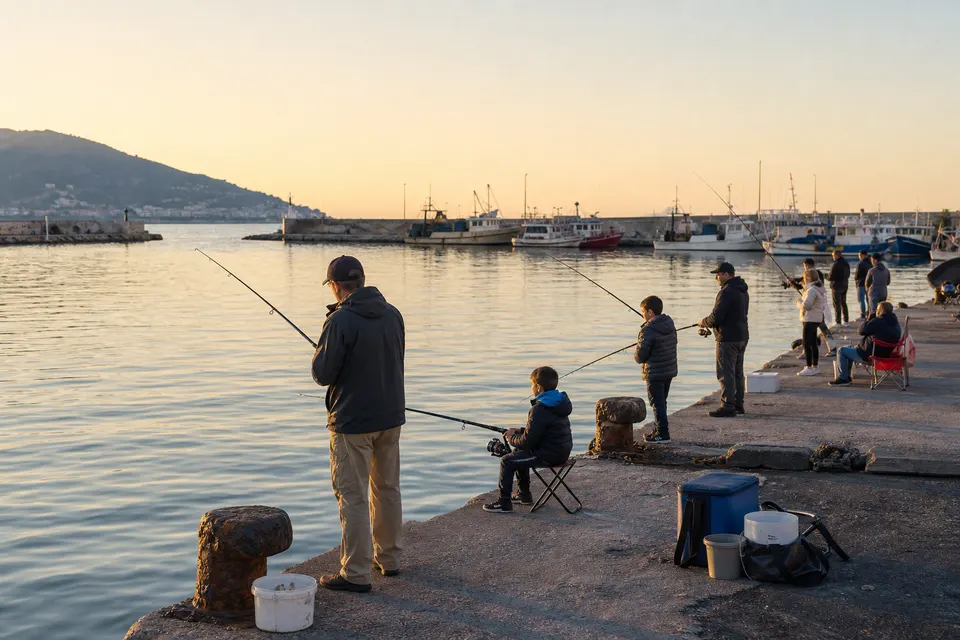 Recreación generada con IA de un concurso comunitario de pesca recreativa en un puerto mediterráneo