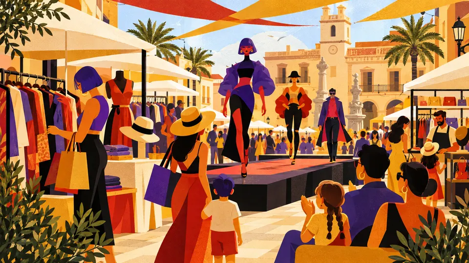 Ilustración generada con IA de un mercado de comercios y una pasarela de moda imaginarios en una plaza mediterránea
