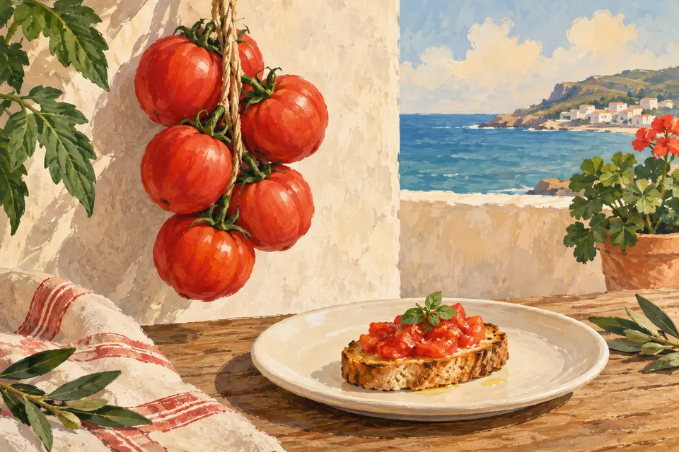 Ilustración de tomates colgados y un pincho genérico ante un paisaje mediterráneo imaginado