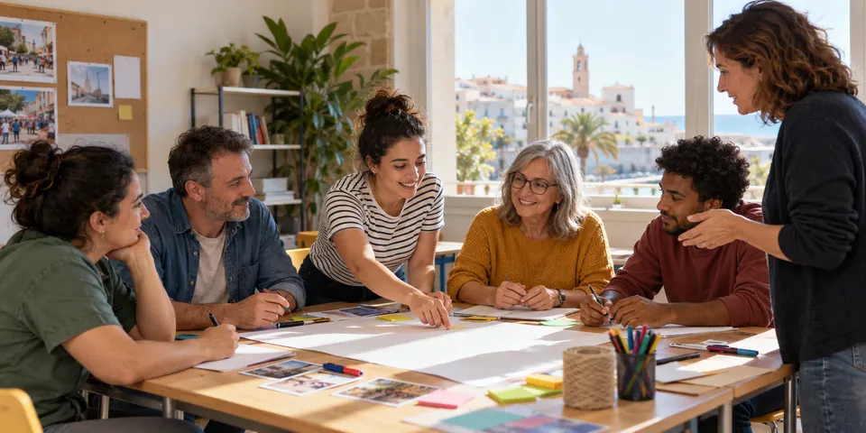 Grupo ficticio de adultos en una actividad formativa, imagen generada con IA
