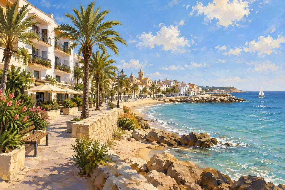 Ilustración generada con IA de alojamiento y litoral mediterráneo como concepto de turismo de verano