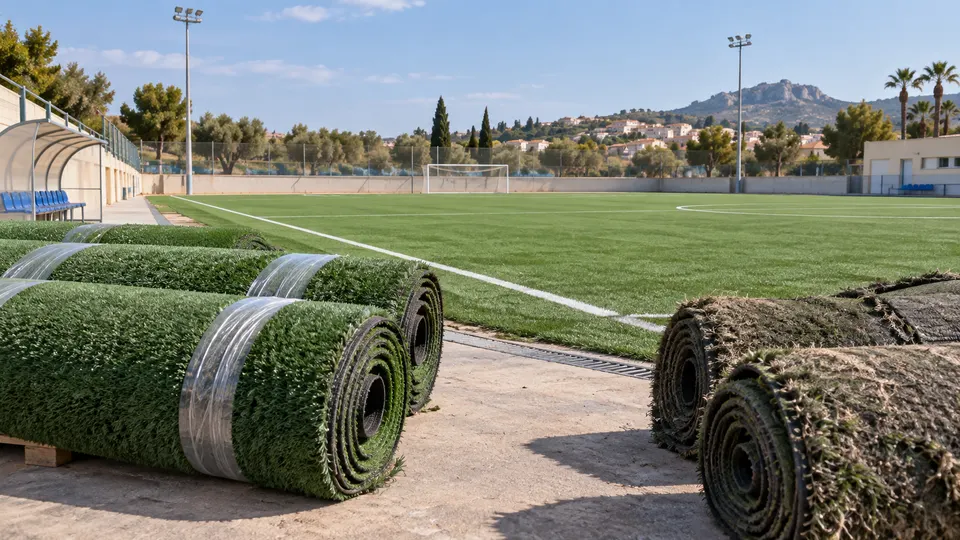 Escena ficticia generada con IA de rollos de césped artificial junto a un campo de fútbol mediterráneo imaginario