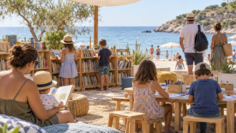 Familias anónimas leen y realizan manualidades junto a una playa mediterránea ficticia, imagen generada con IA
