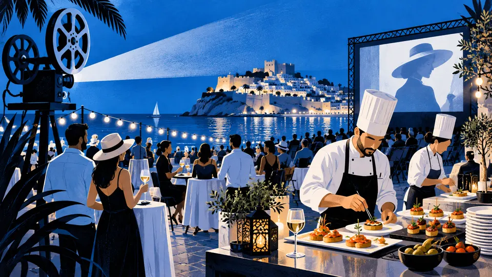 Ilustración generada con IA de una fiesta gastronómica imaginaria junto al mar con un proyector simbólico