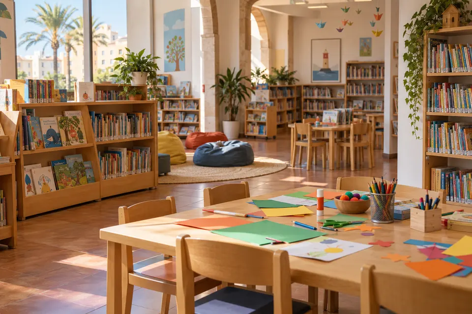 Sala de lectura infantil ficticia con libros y materiales de manualidades, imagen generada con IA