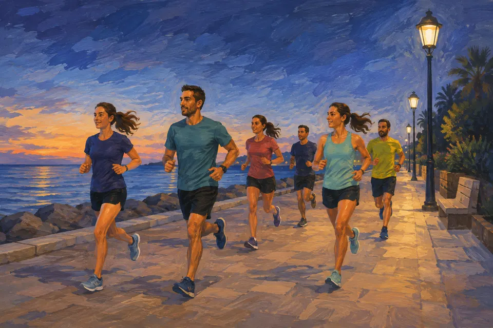 Ilustración generada con IA de corredores adultos en un paseo mediterráneo al anochecer
