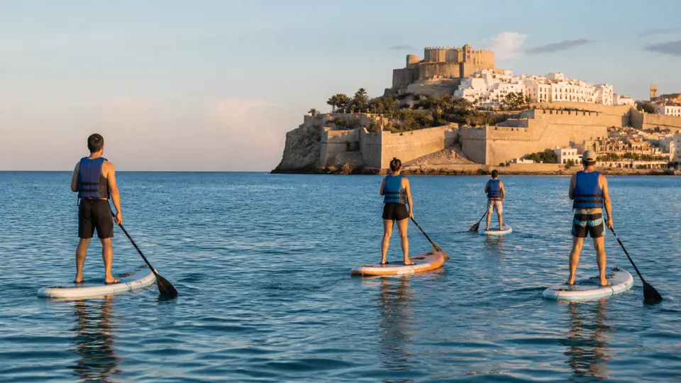 Recreación generada con IA de un grupo de personas adultas practicando paddle surf frente al casco antiguo de Peñíscola